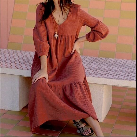 7 For All Mankind Boho Tiered Midi Dress in Orange - Size: Small - Picture 3 of 7